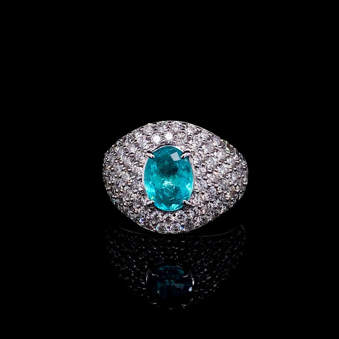 14k Gold 3.44 Ctw Natural Paraiba Tourmaline & Diamond Ring: Ref:230992005 // gold content:14k gold // ring size:7. 25us // // main gemstone:paraiba tourmaline // shape:oval // carat weight:1. 34ct // color:blue // treatment:natural // // adjacent gemstone 2 : 