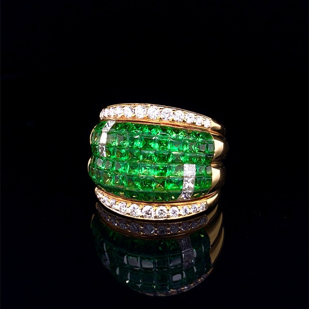 14k Gold 5.92 Ctw Vivid Green Natural Tsavorite & Diamond Ring - 2