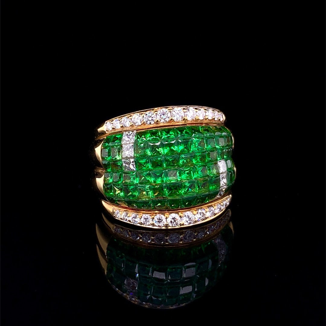 14k Gold 5.92 Ctw Vivid Green Natural Tsavorite & Diamond Ring - 4