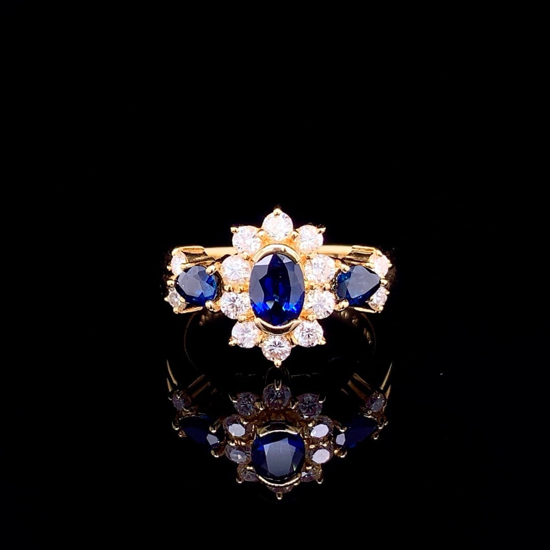 14k Gold 1.48 Ctw Natural Sapphire & Diamond Ring: Ref:230992030 // gold content:14k gold // ring size:7. 25us // // main gemstone:sapphire // shape:multiply // carat weight:0. 93ct // color:blue // treatment:natural // // adjacent gemstone 2 :