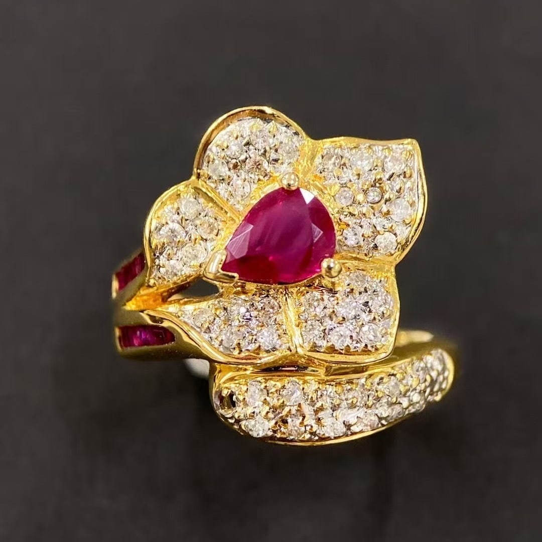 14k Gold 1.42 Ctw Natural Ruby & Diamond Ring: Ref:230992033 // gold content:14k gold // ring size:7. 25us // // main gemstone:ruby // shape:pear // carat weight:1. 12ct // color:red // treatment:natural // // adjacent gemstone 2 : diamond // shap