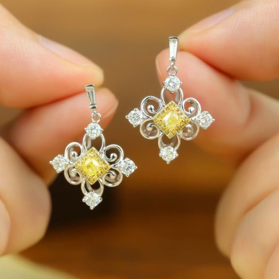 14k Gold 0.87 Ctw Natural Yellow Diamond & Diamond Earrings - 6