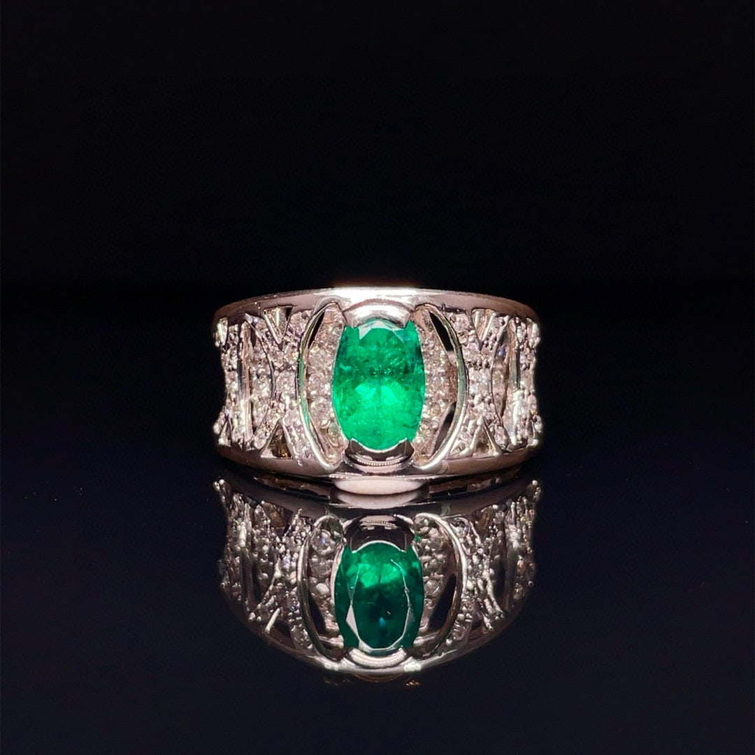 14k Gold 1.81 Ctw Vivid Green Natural Emerald & Diamond Ring: Ref:230992059 // gold content:14k gold // ring size:7. 25us // // main gemstone:emerald // shape:oval // carat weight:1. 25ct // color:vivid green // treatment:natural // // adjacent gemstone 2 : diam
