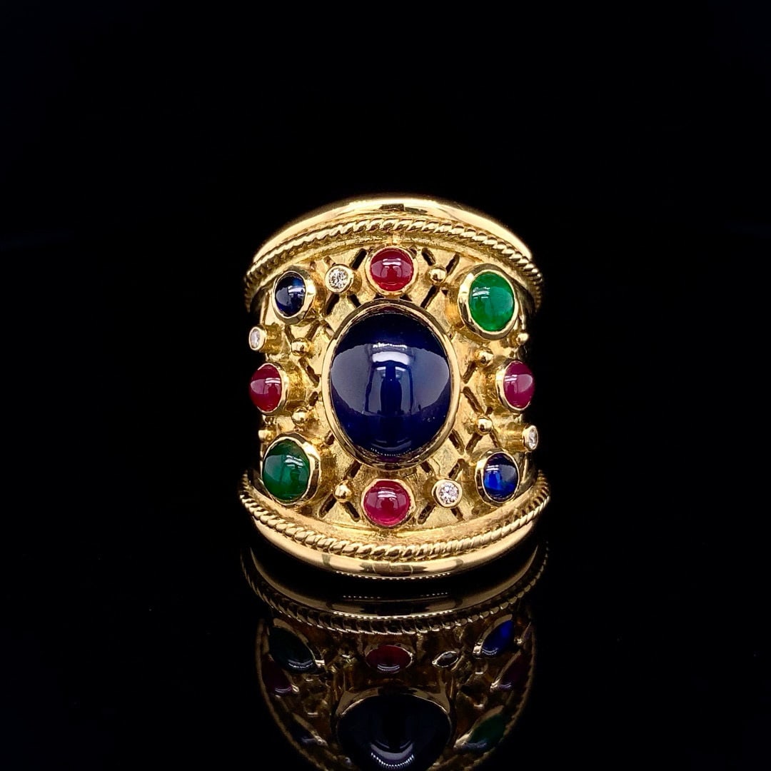 14k Gold 6.73 Ctw Natural Sapphire & Emerald & Ruby & Sapphire & Diamond Ring: Ref:230992066 // gold content:14k gold // ring size:7. 25us // // main gemstone:sapphire // shape:oval // carat weight:4. 63ct // color:blue // treatment:natural // // adjacent gemstone 2 : emerald & 