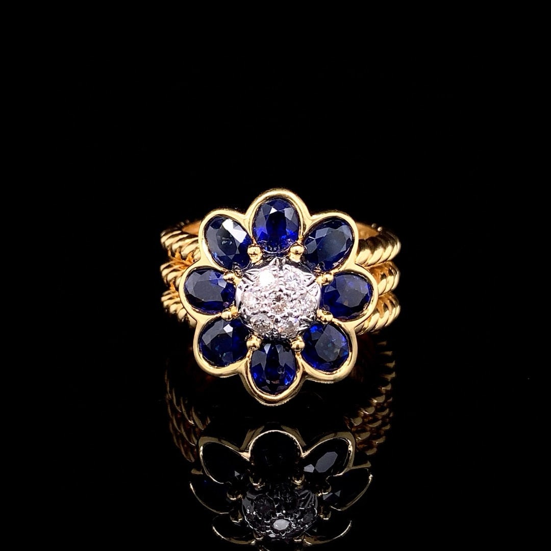 14k Gold 4.06 Ctw Natural Sapphire & Diamond Ring: Ref:230992086 // gold content:14k gold // ring size:7. 25us // // main gemstone:sapphire // shape:oval // carat weight:3. 88ct // color:blue // treatment:natural // // adjacent gemstone 2 : diamond //