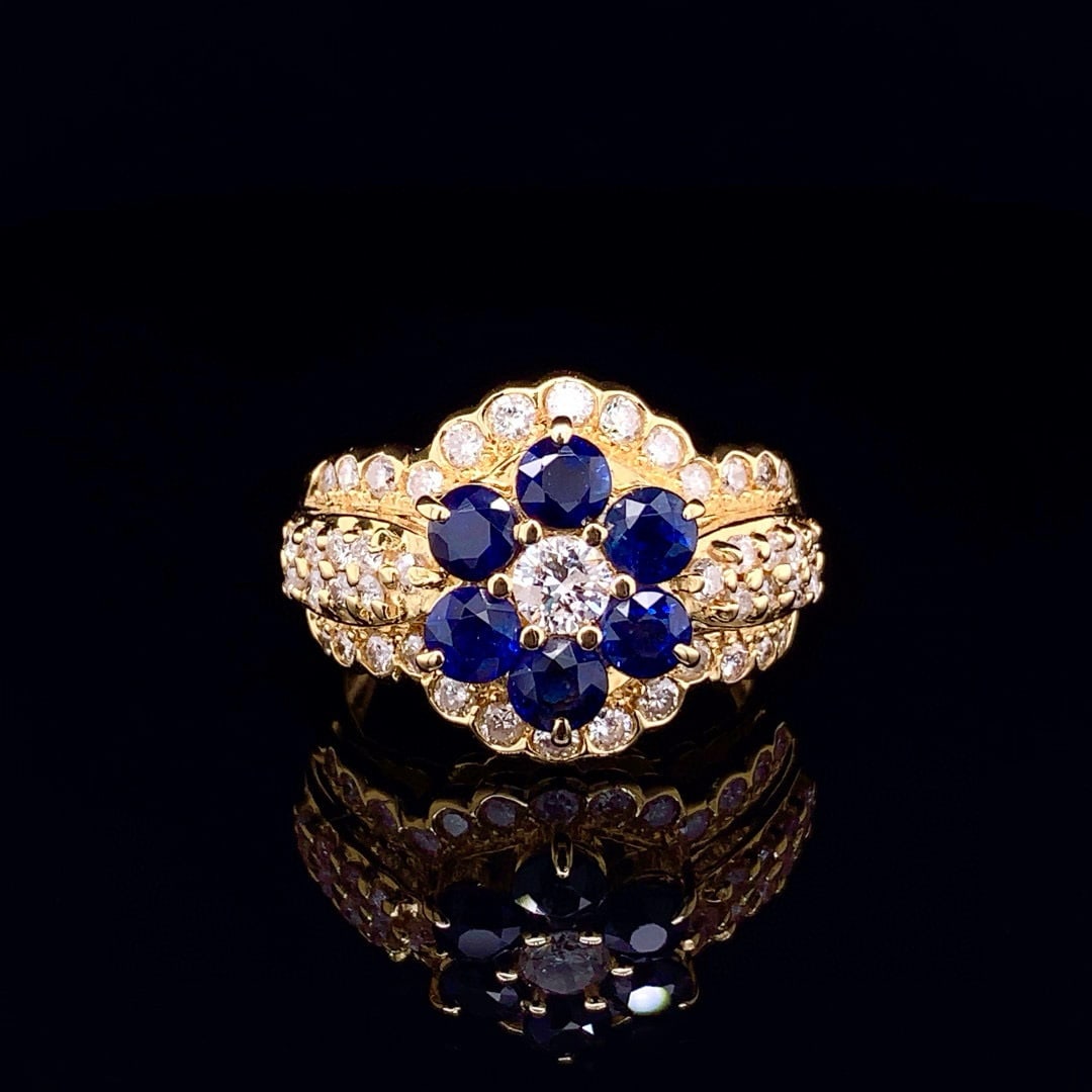 14k Gold 2.45 Ctw Natural Sapphire & Diamond Ring: Ref:230992089 // gold content:14k gold // ring size:7. 25us // // main gemstone:sapphire // shape:round // carat weight:1. 55ct // color:blue // treatment:natural // cut grade:g // // adjacent gemston