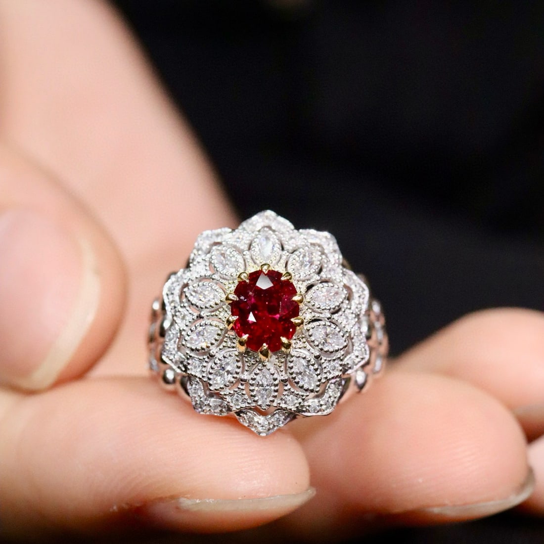 14k Gold 1.10 Ctw Natural Ruby & Diamond Ring: Ref:230992093 // gold content:14k gold // ring size:7. 25us // // main gemstone:ruby // shape:oval // carat weight:0. 97ct // color:red // treatment:natural // // adjacent gemstone 2 : diamond // shap