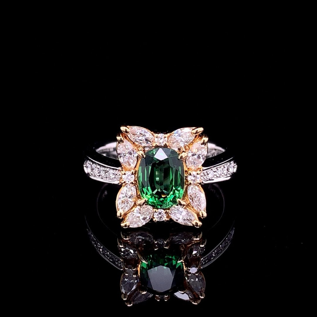 14k Gold 1.70 Ctw Natural Tourmaline & Diamond Ring: Ref:230992102 // gold content:14k gold // ring size:7. 25us // // main gemstone:tourmaline // shape:oval // carat weight:1. 02ct // color:green // treatment:natural // // adjacent gemstone 2 : diamond