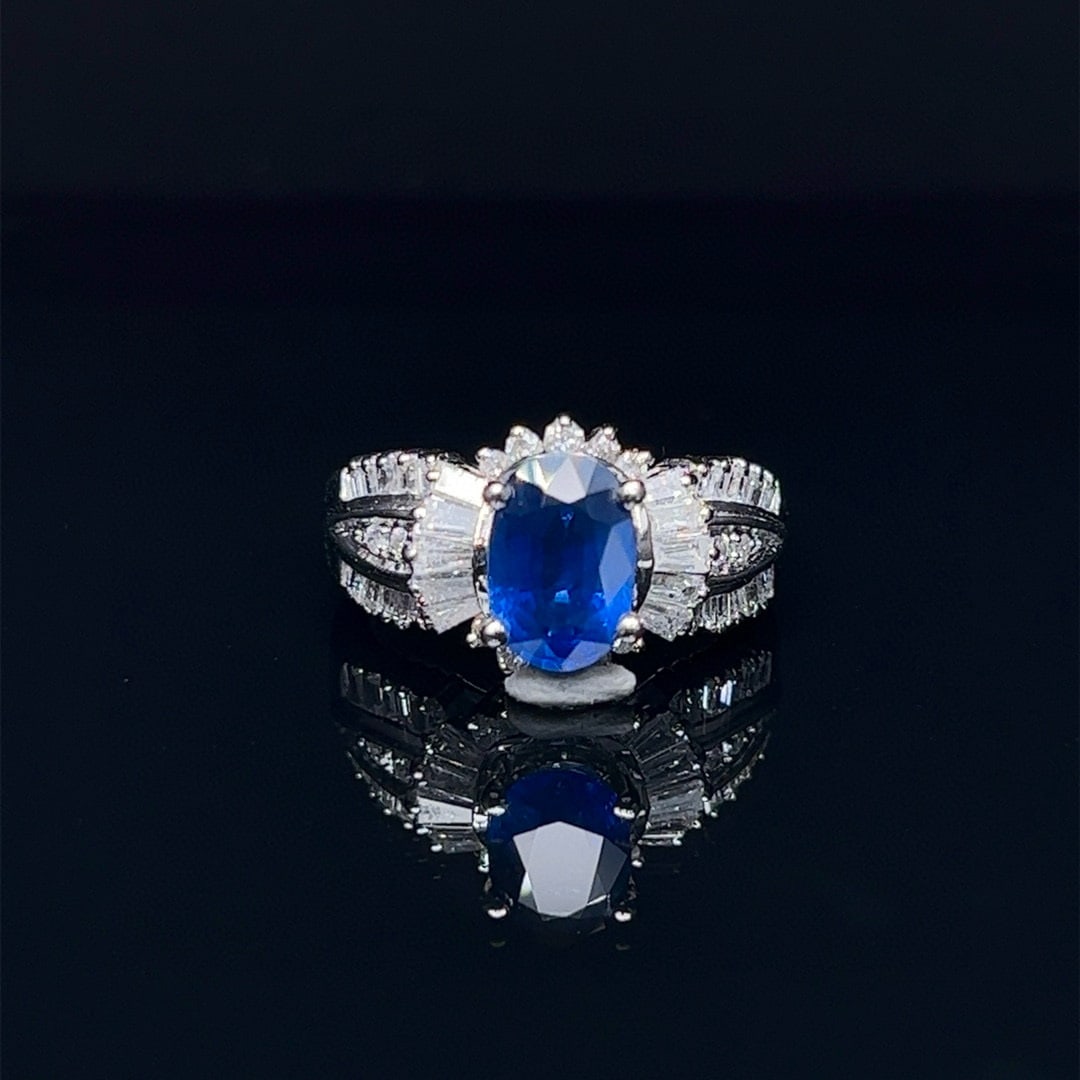 14k Gold 2.89 Ctw Natural Sapphire & Diamond Ring: Ref:230992110 // gold content:14k gold // ring size:7. 25us // // main gemstone:sapphire // shape:oval // carat weight:2. 05ct // color:royal blue // treatment:natural // // adjacent gemstone 2 : diam
