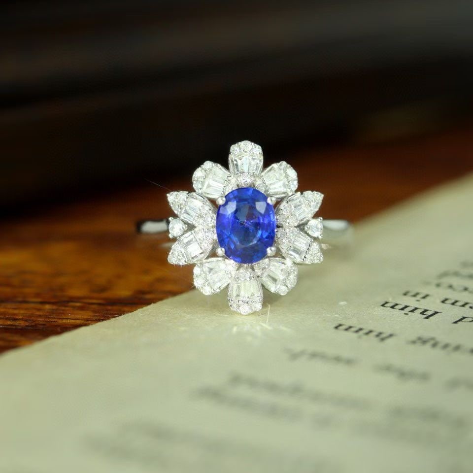 14k Gold 1.38 Ctw Natural Sapphire & Diamond Ring: Ref:230992137 // gold content:14k gold // ring size:7. 25us // // main gemstone:sapphire // shape:oval // carat weight:0. 98ct // color:blue // treatment:natural // // adjacent gemstone 2 : diamond