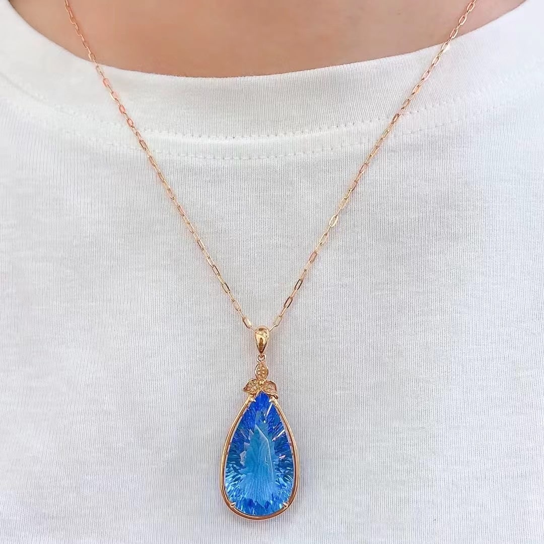 14k Gold 29 Ct Natural Topaz & Diamond Pendant( Without Chain ) - 5
