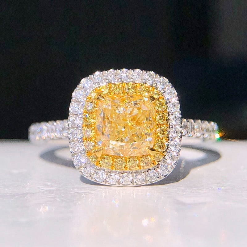 14k Gold 1.00 Ct Natural Yellow Diamond & Diamond Ring: Ref:230992149 // gold content:14k gold // ring size:7. 25us // // main gemstone:yellow diamond // shape:cushion // carat weight:1. 00ct // color:yellow // treatment:natural // // adjacent gemstone 2 :