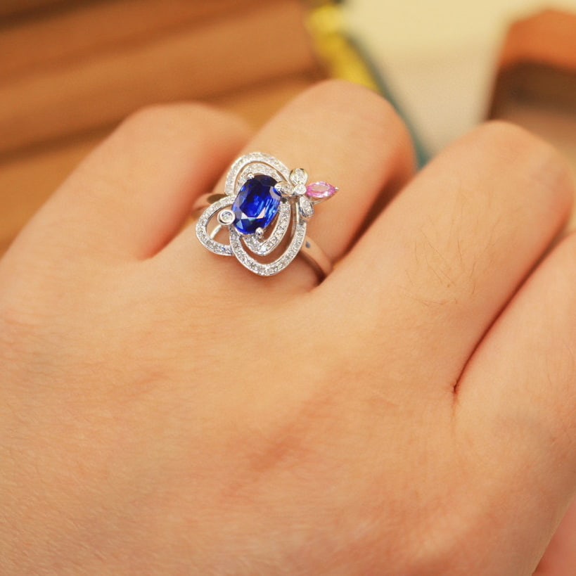 14k Gold 1.23 Ctw Vivid Blue Natural Sapphire & Diamond Ring - 6