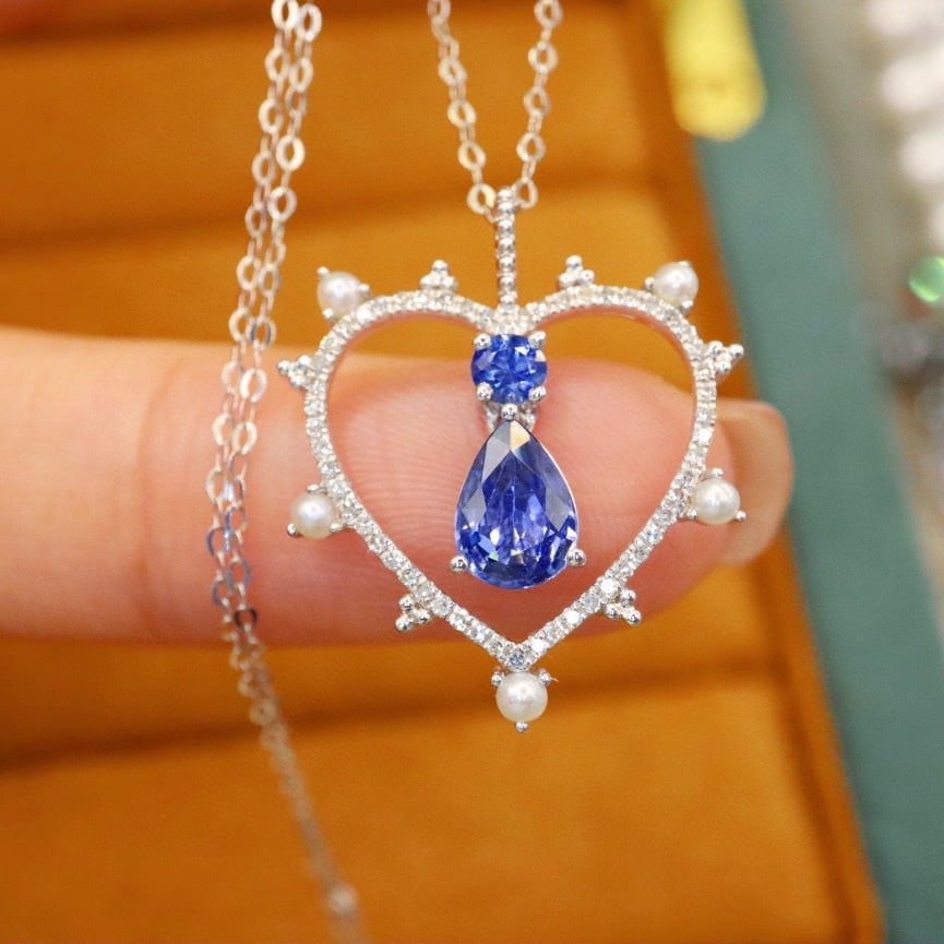 14k Gold 1.06 Ctw Vivid Blue Natural Sapphire & Sapphire Necklace - 4