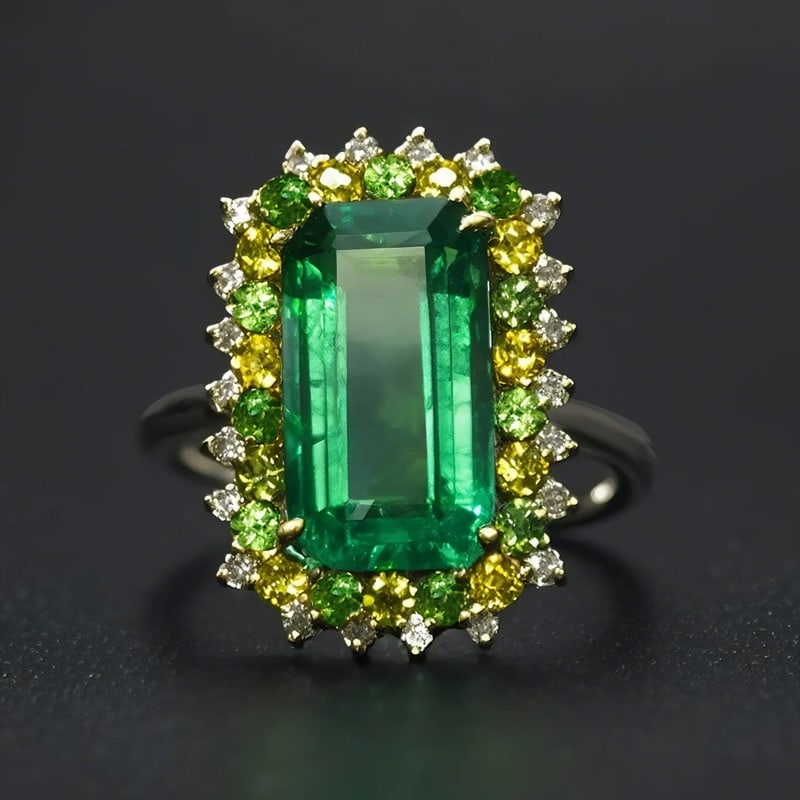 14k Gold 4.81 Ctw Vivid Green Natural Emerald & Diamond Ring: Ref:230992160 // gold content:14k gold // ring size:7. 25us // // main gemstone:emerald // shape:octagonal // carat weight:4. 51ct // color:vivid green // treatment:natural // // adjacent gemstone 2 :