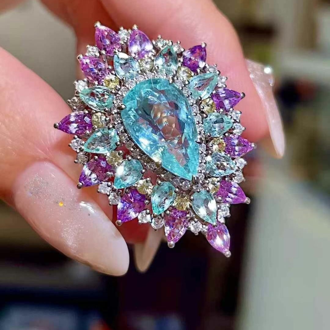 14k Gold 3.33 Ctw Natural Paraiba Tourmaline & Diamond Ring - 2