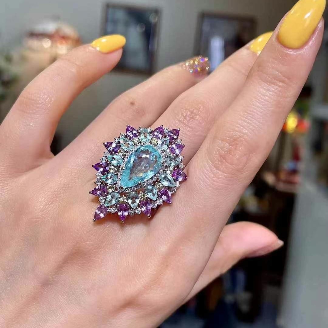 14k Gold 3.33 Ctw Natural Paraiba Tourmaline & Diamond Ring - 4