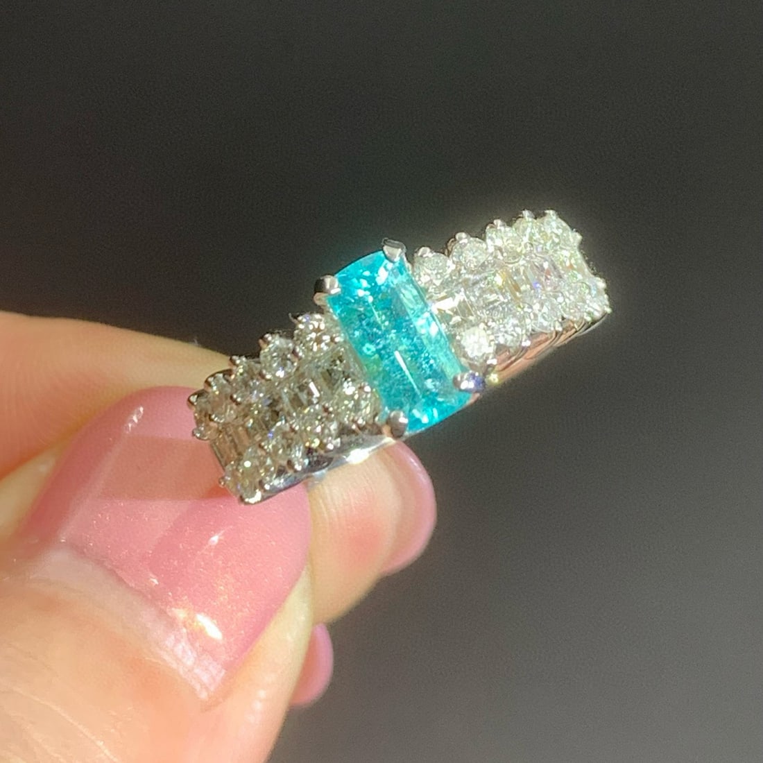 14k Gold 1.47 Ctw Natural Paraiba Tourmaline & Diamond Ring: Ref:230992166 // gold content:14k gold // ring size:7. 25us // // main gemstone:paraiba tourmaline // shape:cushion // carat weight:0. 72ct // color:blue // treatment:natural // // adjacent gemstone 2