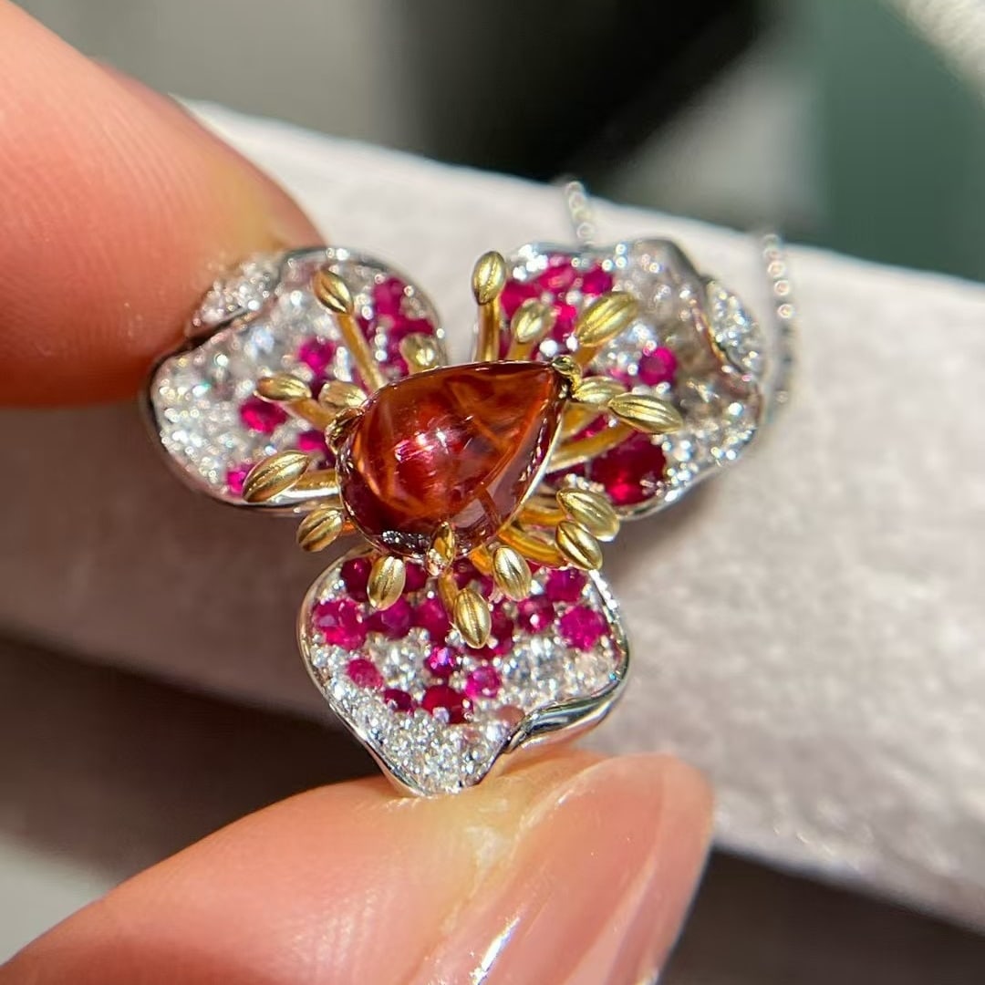 14k Gold 1.3 Ct Natural Tourmaline & Ruby & Diamond Pendant( Without Chain ) - 2