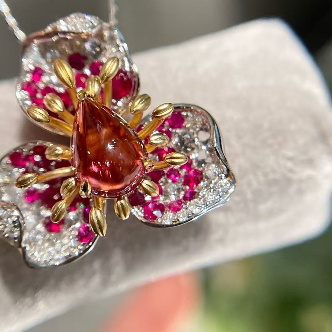 14k Gold 1.3 Ct Natural Tourmaline & Ruby & Diamond Pendant( Without Chain ) - 3