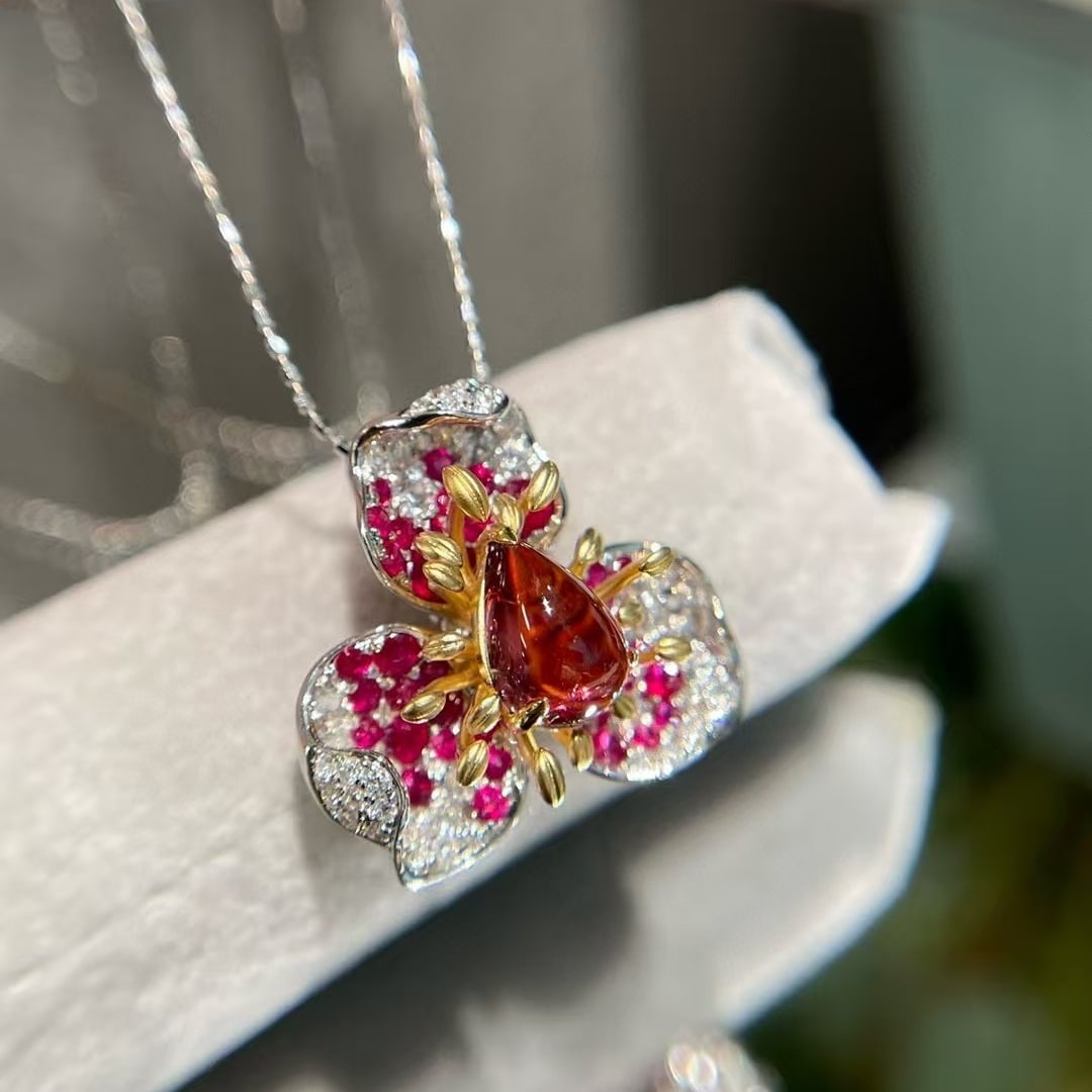 14k Gold 1.3 Ct Natural Tourmaline & Ruby & Diamond Pendant( Without Chain ) - 5