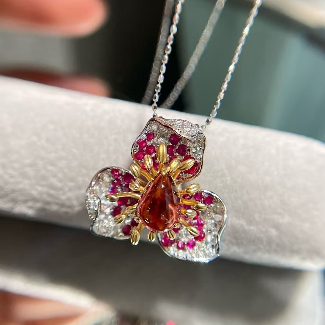 14k Gold 1.3 Ct Natural Tourmaline & Ruby & Diamond Pendant( Without Chain ) - 6