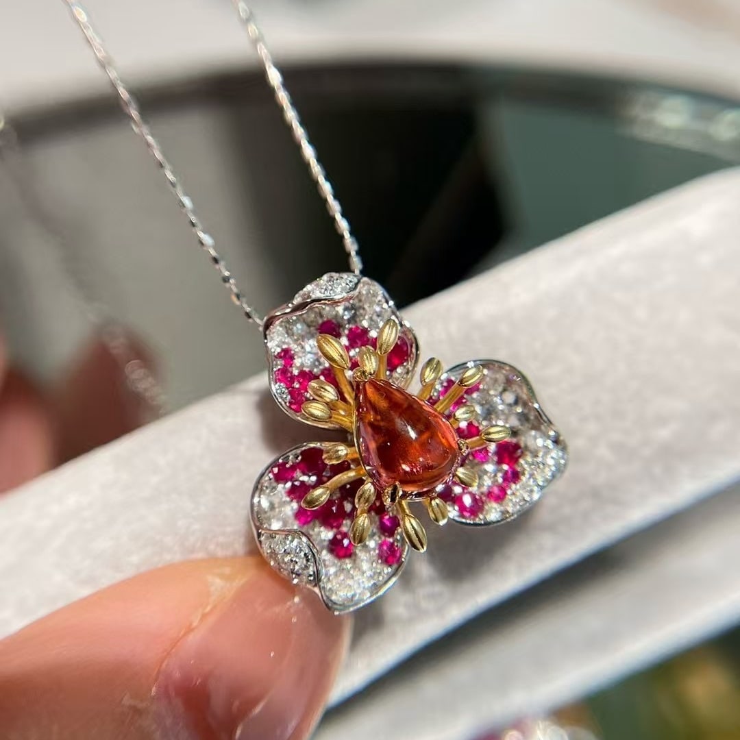 14k Gold 1.3 Ct Natural Tourmaline & Ruby & Diamond Pendant( Without Chain ) - 7