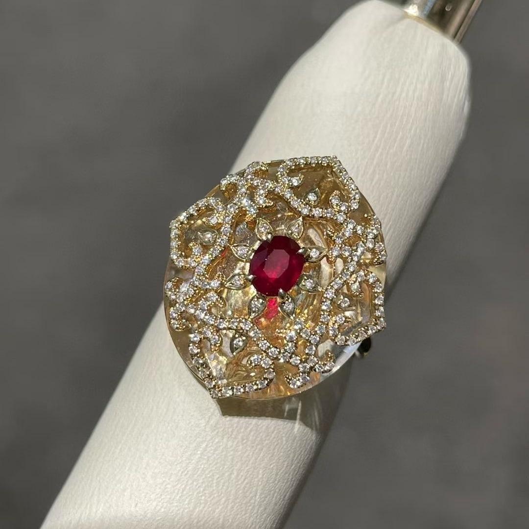 14k Gold 0.2 Ct Natural Ruby & Diamond Ring: Ref:230992175 // gold content:14k gold // ring size:7. 25us // // main gemstone:ruby // shape:oval // carat weight:0. 2ct // color:pigeonblood red // treatment:natural // // adjacent gemstone 2 :