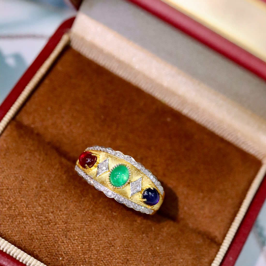 14k Gold 1.56 Ctw Natural Emerald & Sapphire & Ruby & Diamond Ring - 6