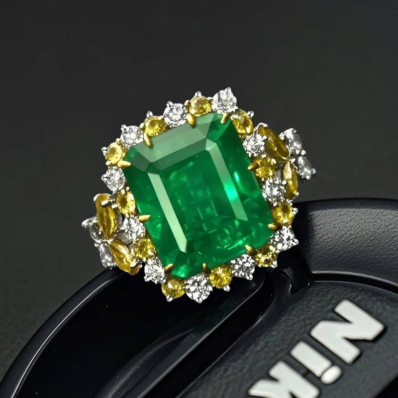 14k Gold 7.64 Ctw Vivid Green Natural Emerald & Diamond Ring: Ref:230992180 // gold content:14k gold // ring size:7. 25us // // main gemstone:emerald // shape:octagonal // carat weight:7. 35ct // color:vivid green // treatment:natural // // adjacent gemstone 2 :