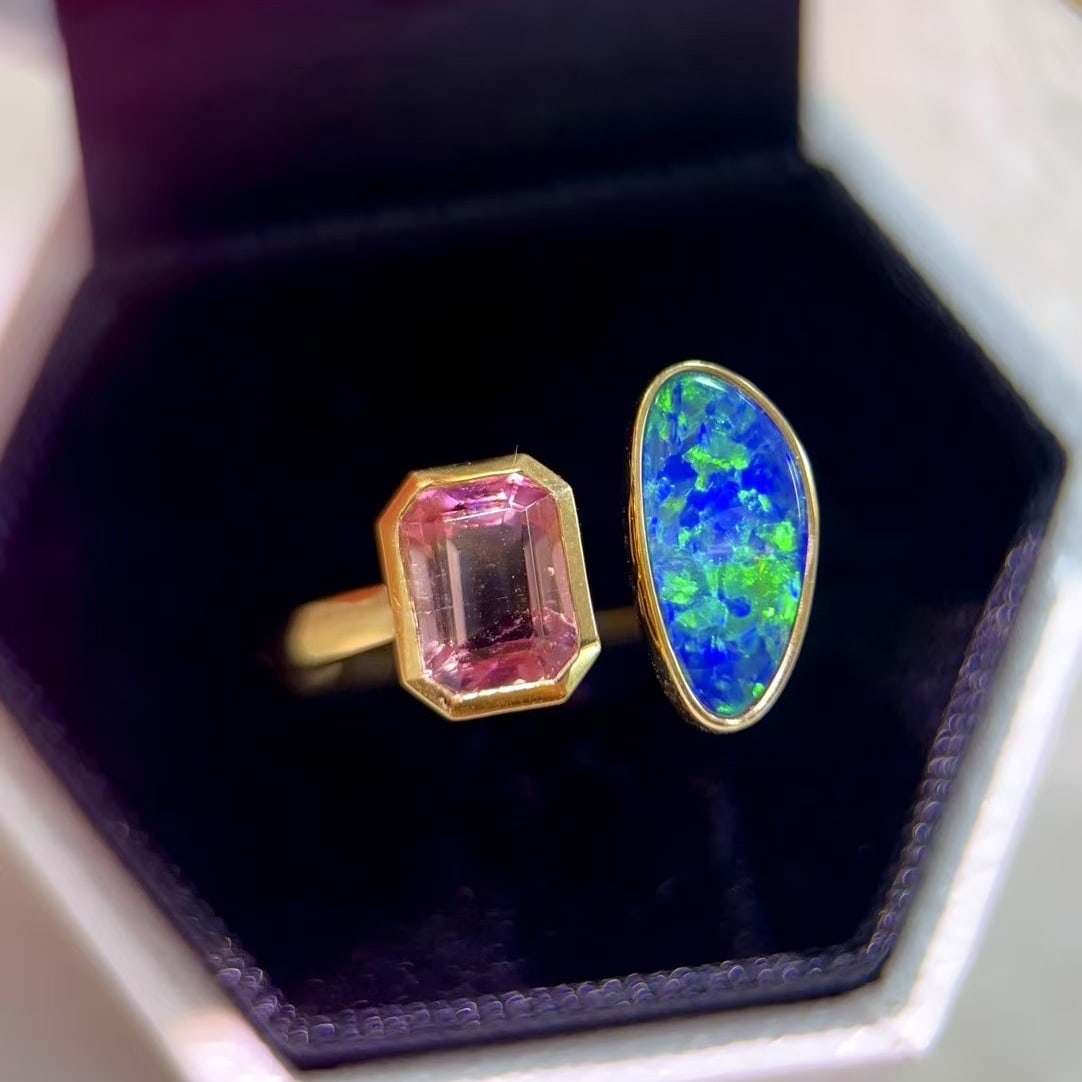 14k Gold 2.8 Ct Natural Opal & Tourmaline Ring - 2