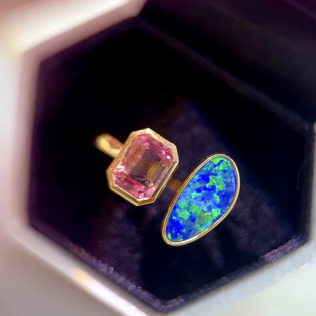 14k Gold 2.8 Ct Natural Opal & Tourmaline Ring - 3