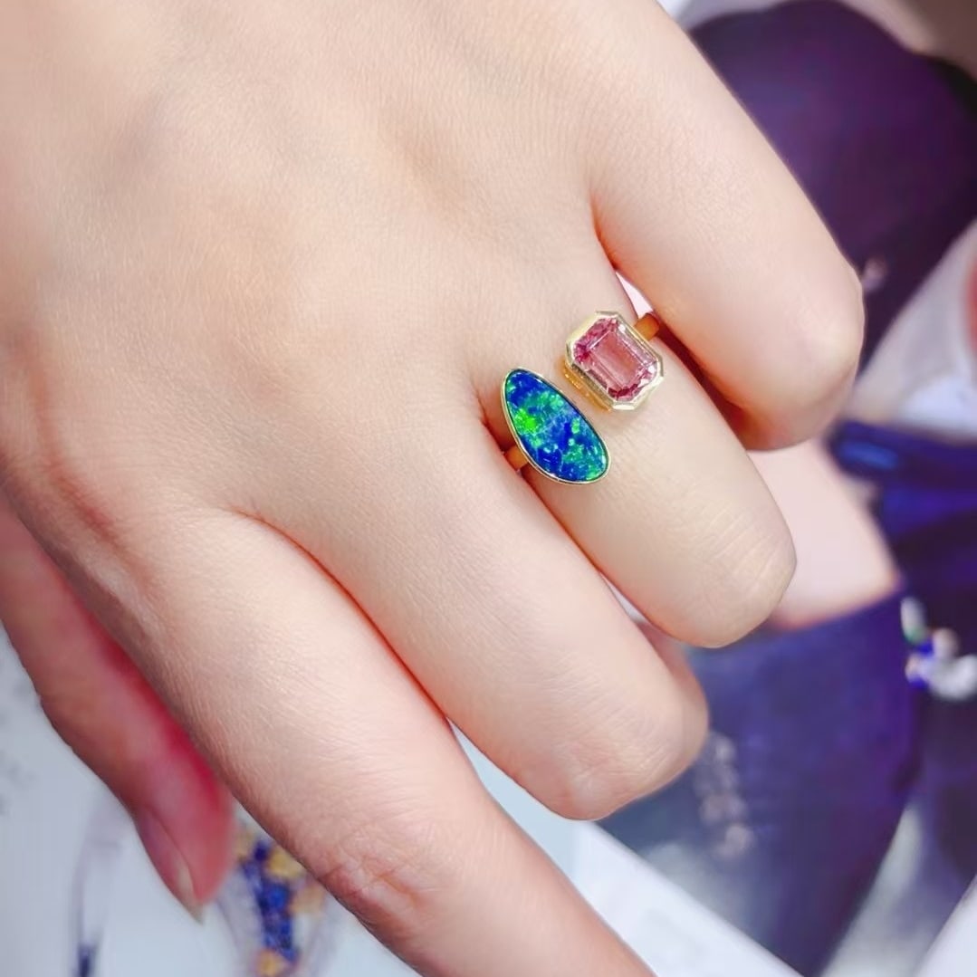 14k Gold 2.8 Ct Natural Opal & Tourmaline Ring - 4