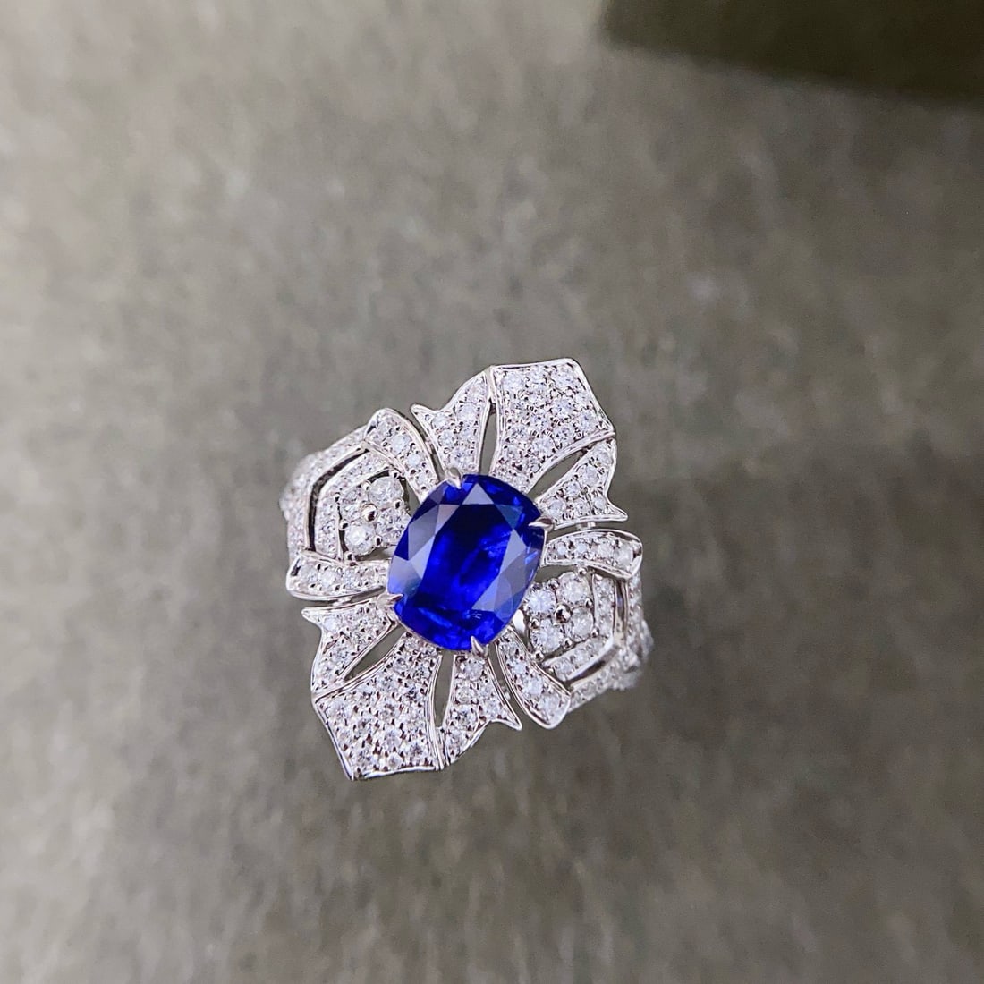 14k Gold 2.62 Ctw Natural Sapphire & Diamond Ring: Ref:230992225 // gold content:14k gold // ring size:7. 25us // // main gemstone:sapphire // shape:cushion // carat weight:2ct // color:royal blue // treatment:natural // // adjacent gemstone 2 :