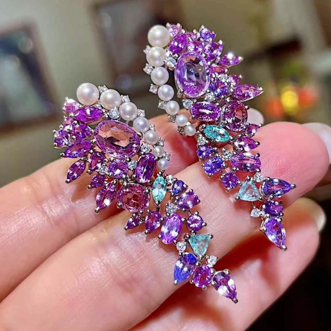 14k Gold 10.35 Ctw Natural Sapphire & Paraiba Tourmaline Earrings - 2