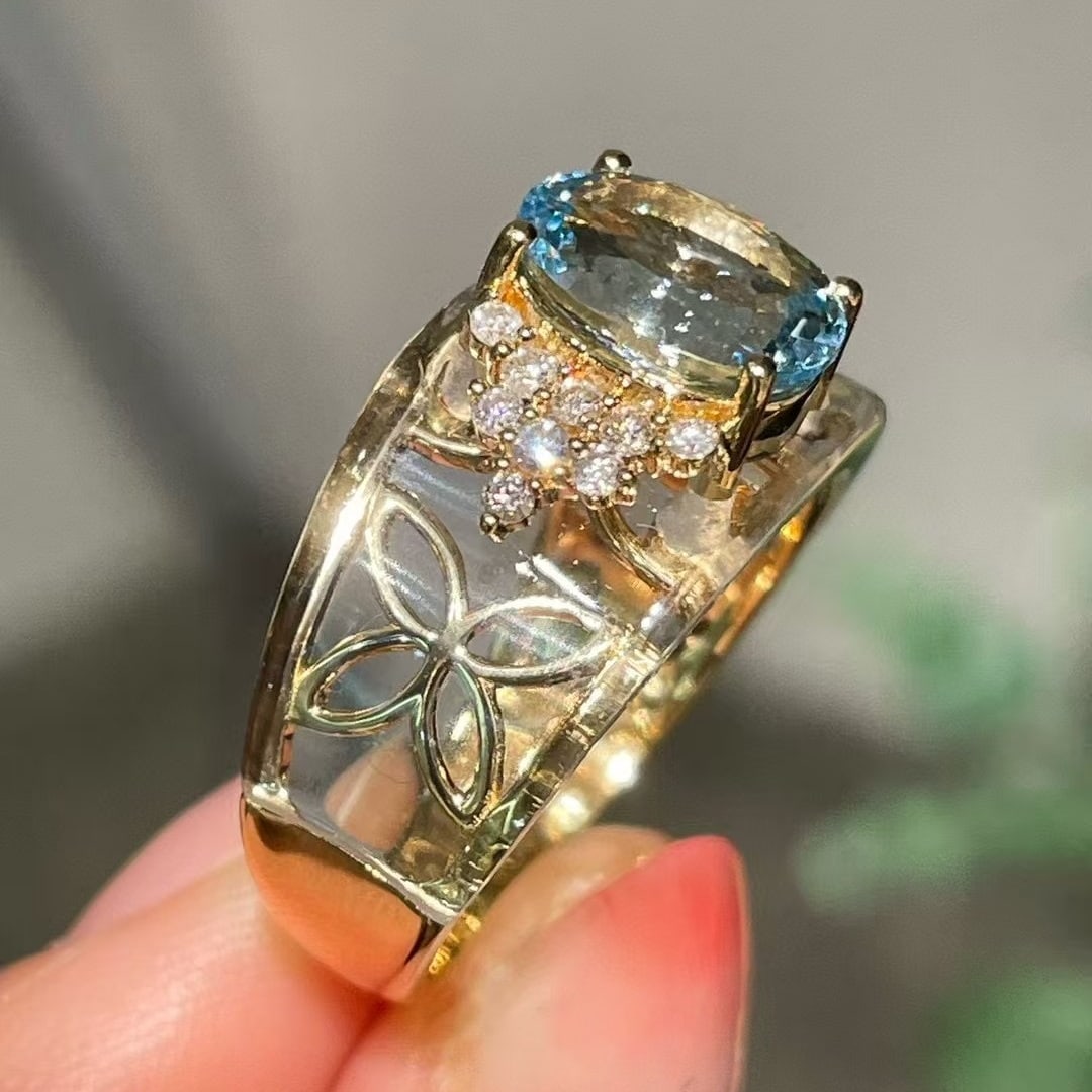 14k Gold 1.75 Ct Natural Aquamarine & Diamond Ring - 3