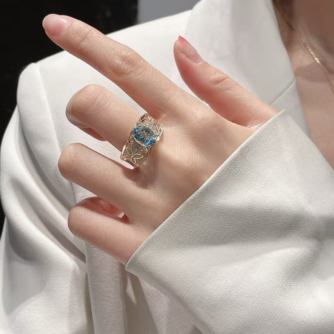 14k Gold 1.75 Ct Natural Aquamarine & Diamond Ring - 5