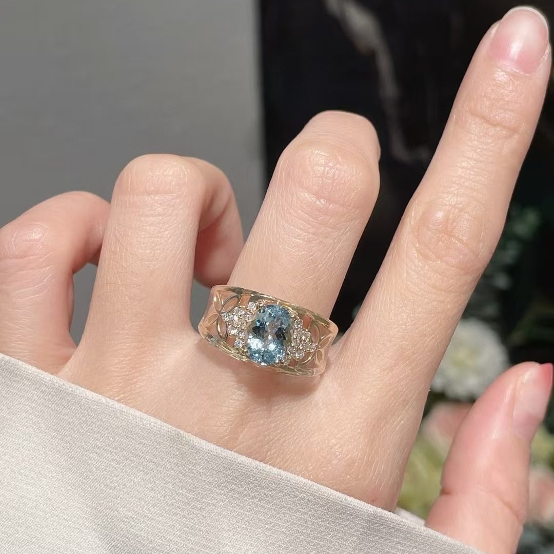 14k Gold 1.75 Ct Natural Aquamarine & Diamond Ring - 6