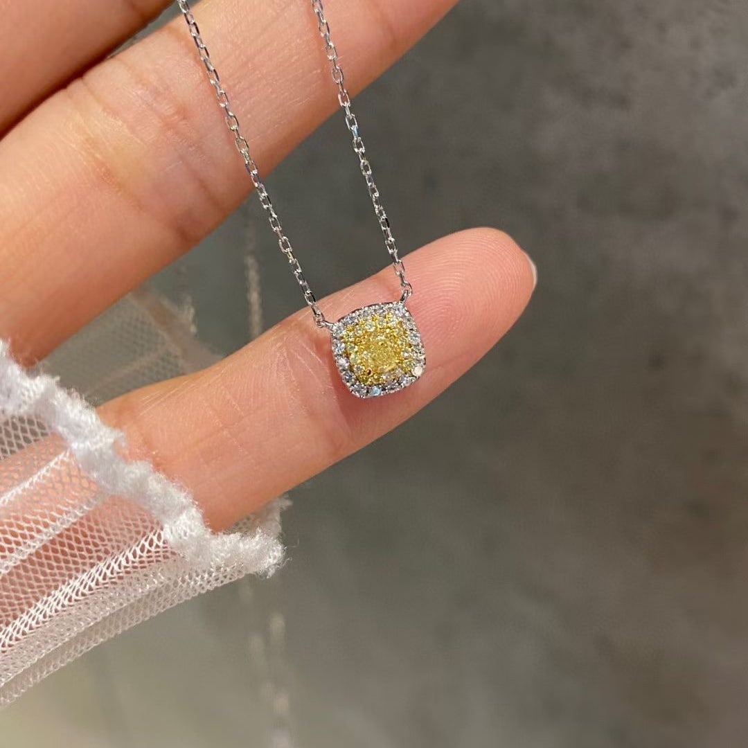 14k Gold 0.31 Ctw Natural Yellow Diamond & Diamond Necklace: Ref:230992252 // gold content:14k gold // main gemstone:yellow diamond // shape:cushion // carat weight:0. 19ct // color:yellow // treatment:natural // // adjacent gemstone 2 : diamond // shape:round 