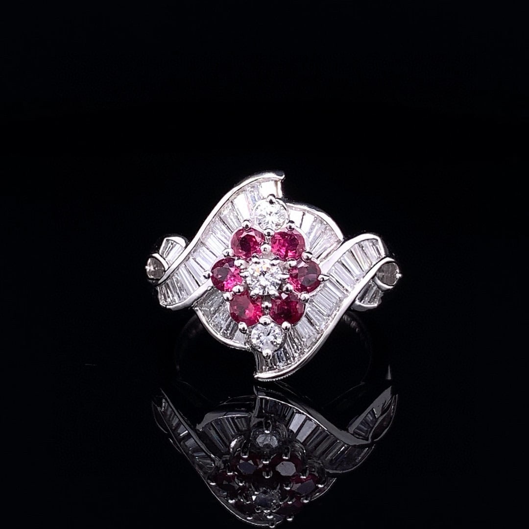 14k Gold 1.35 Ctw Natural Ruby & Diamond Ring: Ref:230992262 // gold content:14k gold // ring size:7. 25us // // main gemstone:ruby // shape:round // carat weight:0. 43ct // color:red // treatment:natural // cut grade:g // // adjacent gemstone 2