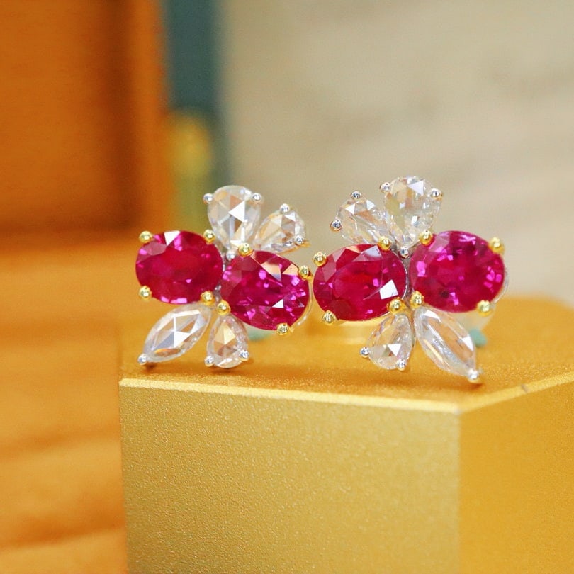 14k Gold 3.01 Ctw Natural Ruby & Diamond Earrings: Ref:230992264 // gold content:14k gold // main gemstone:ruby // shape:oval // carat weight:2. 42ct // color:pigeonblood red // treatment:natural // // adjacent gemstone 2 : diamond // number of
