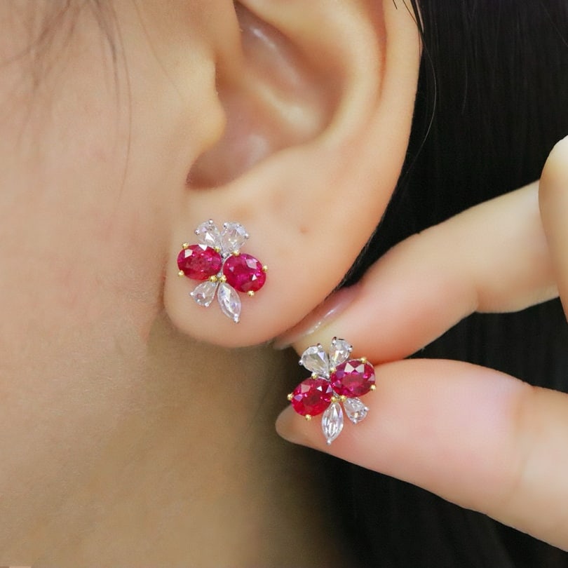 14k Gold 3.01 Ctw Natural Ruby & Diamond Earrings - 5