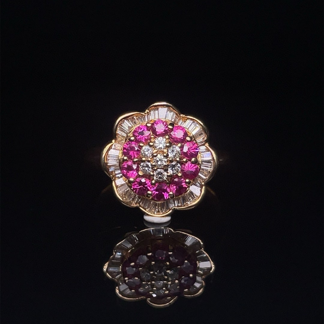 14k Gold 1.2 Ctw Natural Ruby & Diamond Ring: Ref:230992266 // gold content:14k gold // ring size:7. 25us // // main gemstone:ruby // shape:round // carat weight:0. 6ct // color:red // treatment:natural // cut grade:g // // adjacent gemstone 2 :