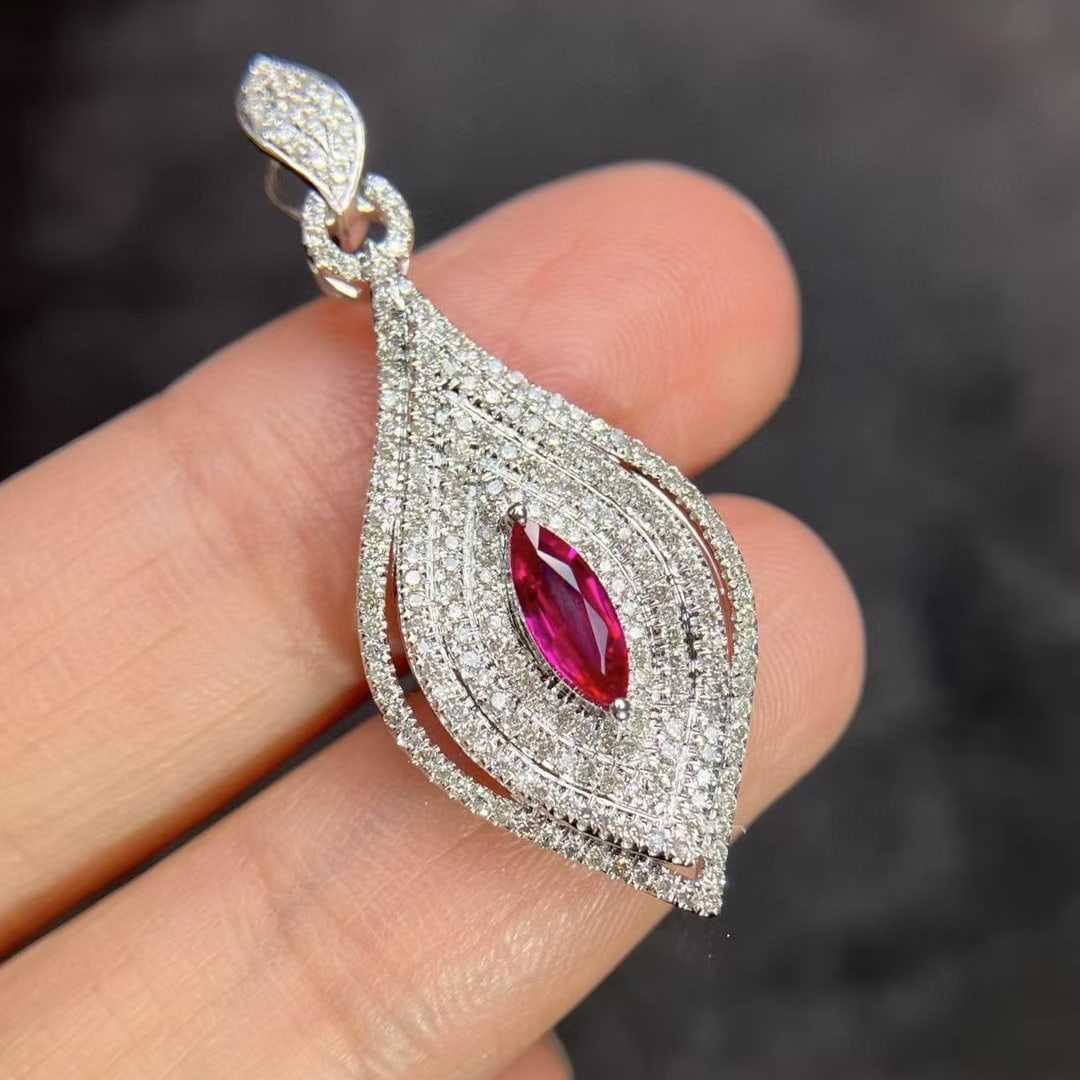 14k Gold 0.40 Ct Natural Ruby & Diamond Pendant( Without Chain ): Ref:230992278 // gold content:14k gold // main gemstone:ruby // shape:marquise // carat weight:0. 40ct // color:red // treatment:natural // // adjacent gemstone 2 : diamond // number of stones:215 //