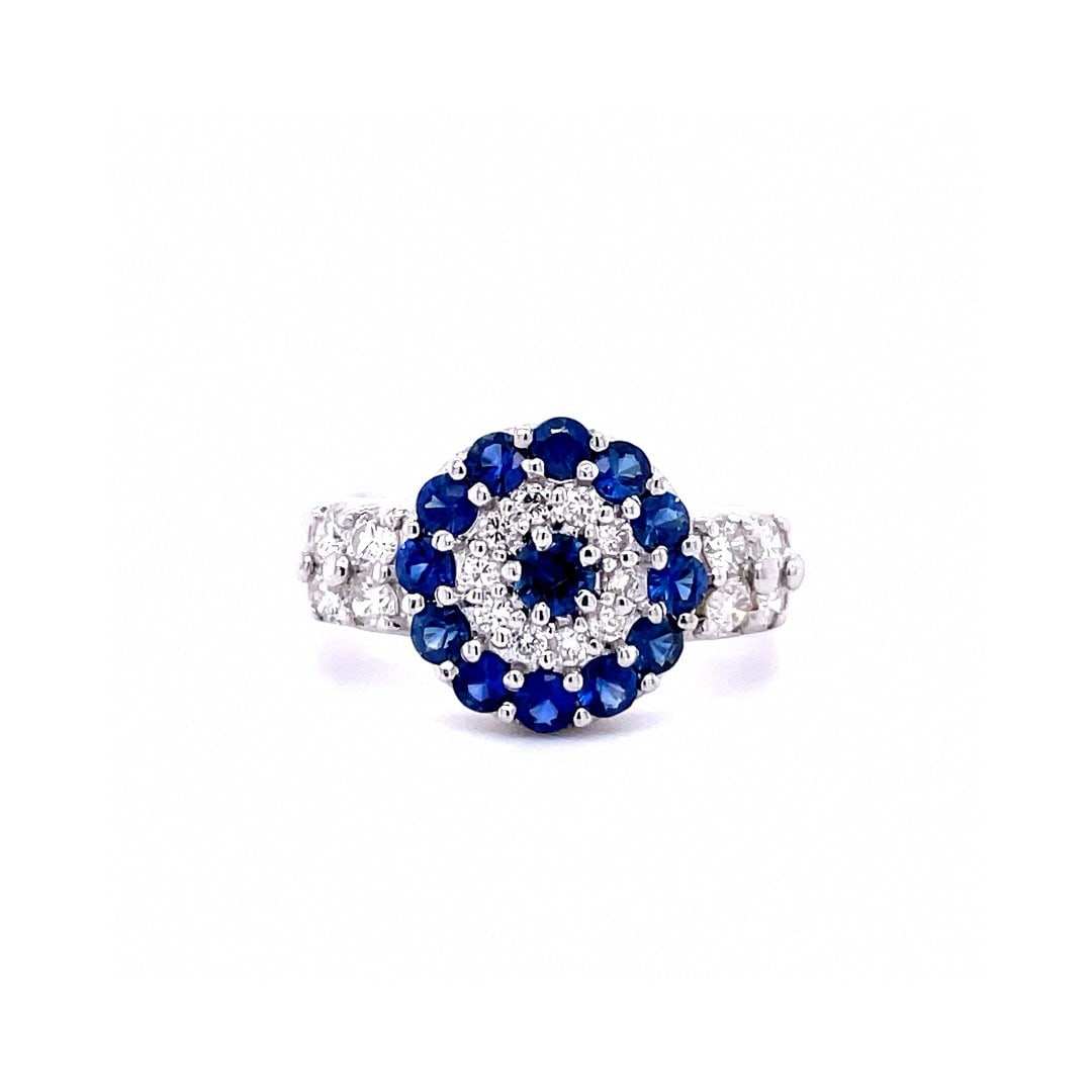 14k Gold 1.47 Ctw Natural Sapphire & Diamond Ring: Ref:230992294 // gold content:14k gold // ring size:7. 25us // // main gemstone:sapphire // shape:round // carat weight:0. 91ct // color:blue // treatment:natural // cut grade:g // // adjacent