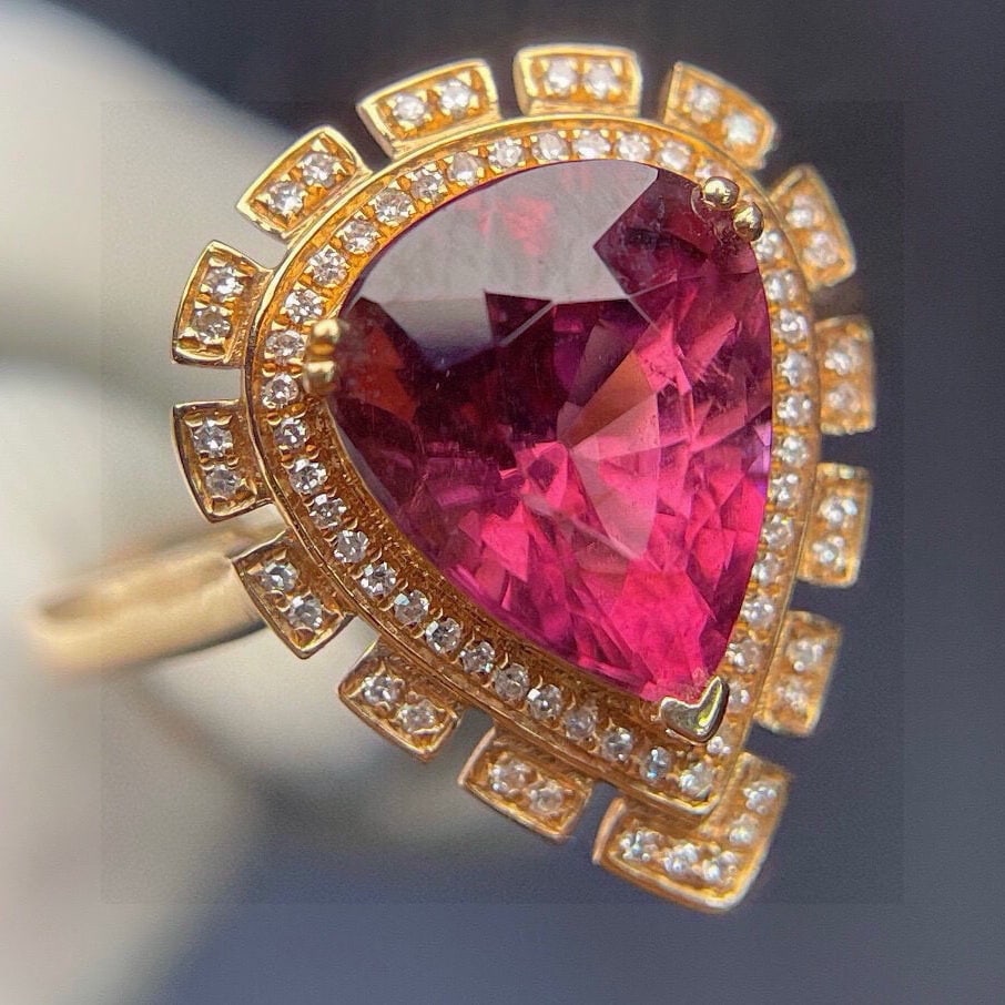 14k Gold 4.2 Ct Natural Tourmaline & Diamond Ring - 7