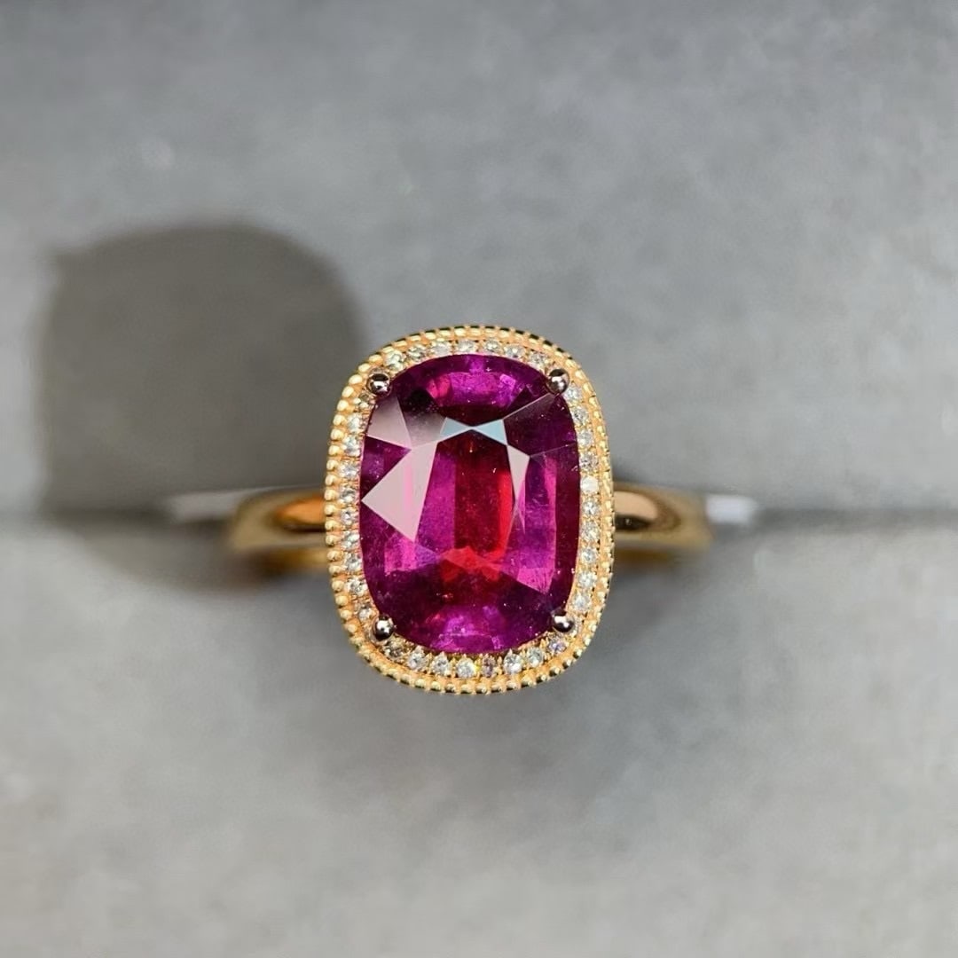 14k Gold 3.71 Ctw Natural Tourmaline & Diamond Ring: Ref:230992301 // gold content:14k gold // ring size:7. 25us // // main gemstone:tourmaline // shape:cushion // carat weight:3. 6ct // color:red // treatment:natural // // adjacent gemstone 2 :