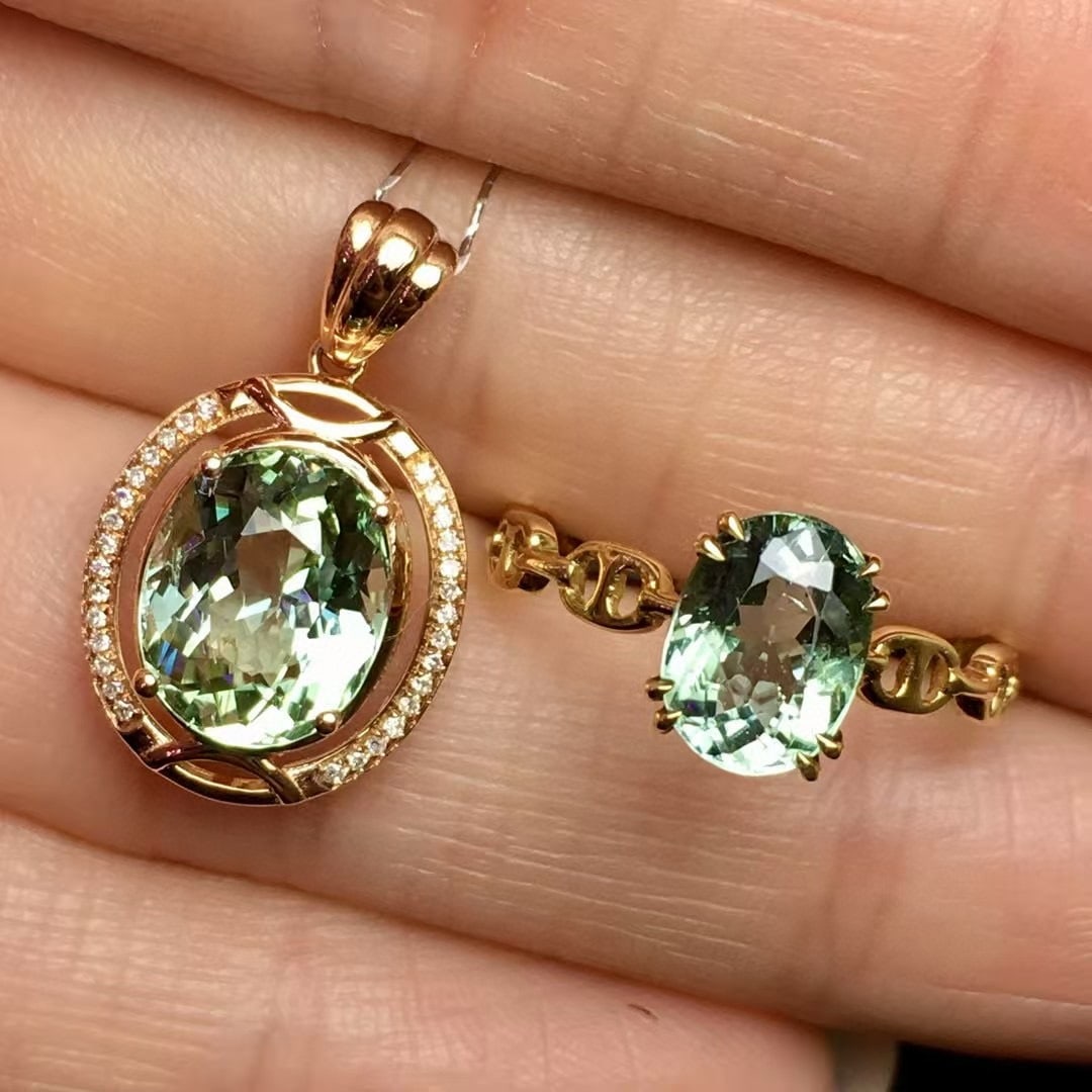 14k Gold 5.2 Ct Natural Tourmaline & Diamond Jewelry Set: Ref:230992302 // gold content:14k gold // ring size:7. 25us // // pendant(without chain) // main gemstone:tourmaline // shape:oval // carat weight:3. 2ct // color:green // treatment:natural // //