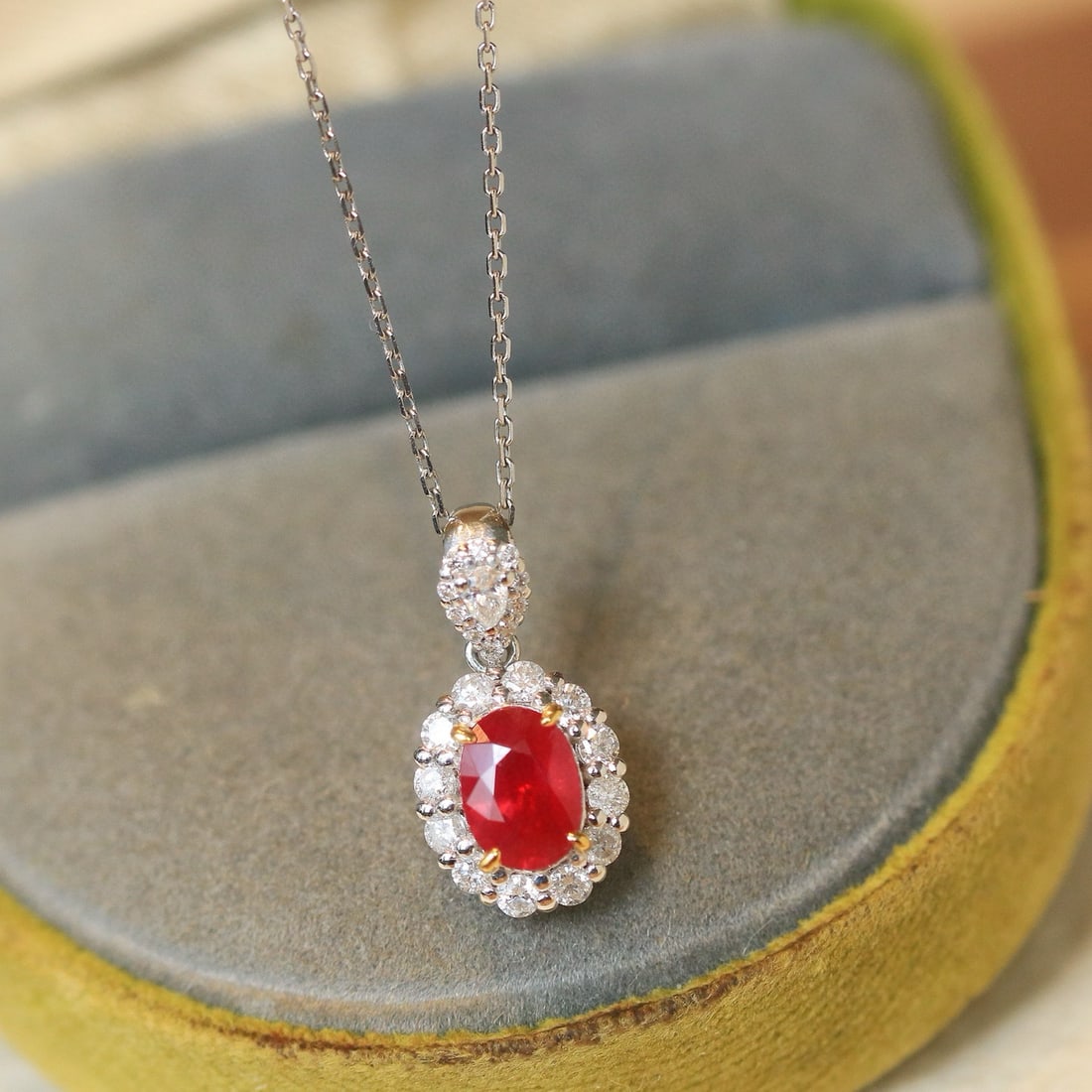 14k Gold 1.45 Ctw Natural Ruby & Diamond Pendant( Without Chain ): Ref:230992310 // gold content:14k gold // main gemstone:ruby // shape:oval // carat weight:1ct // color:pigeonblood red // treatment:natural // // adjacent gemstone 2 : diamond // shape:multiply //