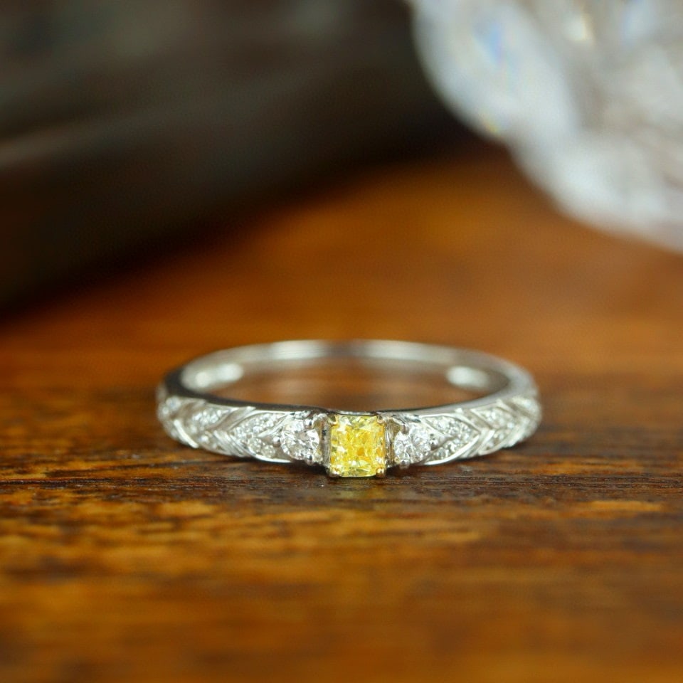 14k Gold 0.33 Ctw Natural Yellow Diamond & Diamond Ring: Ref:230992330 // gold content:14k gold // ring size:7. 25us // // main gemstone:yellow diamond // shape:cushion // carat weight:0. 15ct // color:yellow // treatment:natural // // adjacent gemstone 2 :